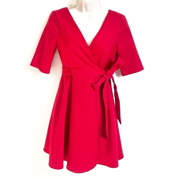 Zara V Neck Solid Red Wrap Mini Dress Short Sleeve Extra Small Sash Tie - Picture 3 of 10